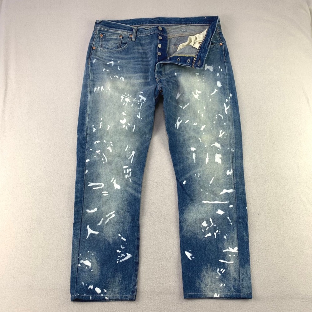 Levis 501 Original Jeans Mens W38 L30 Blue Paint Splatter Straight Leg Denim